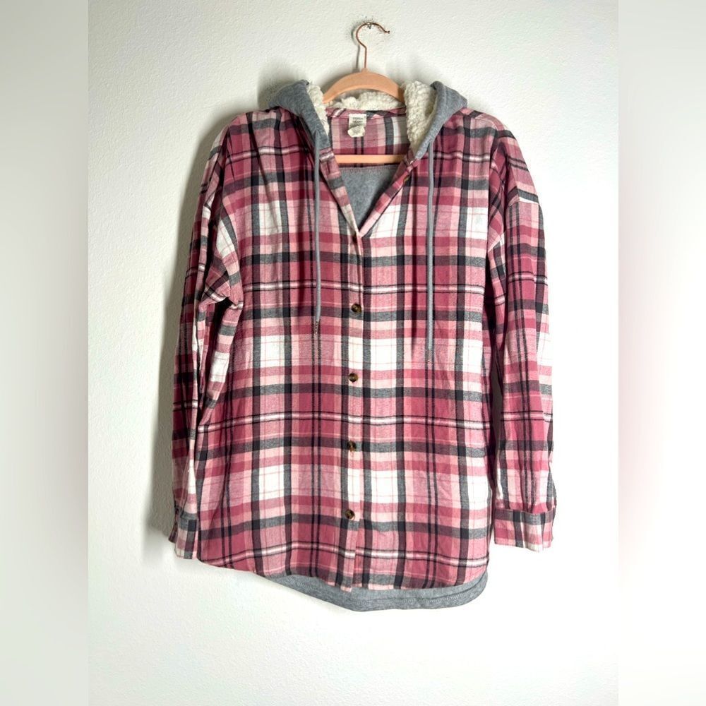 Derek Heart Plaid Flannel Shacket Hood Pink Gray Hood with Faux Fur Sz L Junior